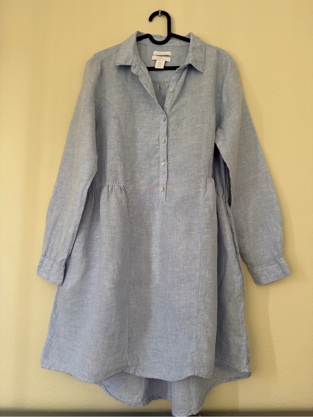 H by Halston 100% Linen Blue Long Sleeve Shirt Dress Size M